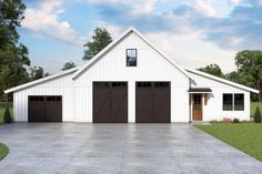 a white house with two garages and three windows