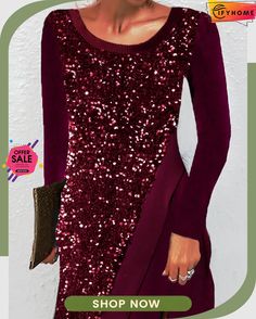 Loose Sequin Long Sleeve Party Dress Knee-length Party Dresses For Winter, Long Sleeve Mini Dress For Christmas Night Out, Holiday Long Sleeve Cocktail Dress, Holiday Cocktail Dress With Long Sleeves, Christmas Long Sleeve Mini Dress For Night Out, Dressy Long Sleeve Dresses For Party Season, Sequin A-line Mini Dress For Party, Party Mini Dress With Sequins, A-line Shape, Holiday Long Sleeve Midi Dress