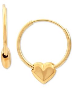 Children's Heart Hoop Earrings in 14k Gold - Gold Round Huggie Earrings For Valentine's Day, Anniversary Small Hoop Huggie Earrings With Heart Charm, Valentine's Day Round Huggie Earrings, Valentine's Day Small Hoop Huggie Earrings With Heart Charm, Hoop Jewelry With Heart Charm For Anniversary, Small Hoop Jewelry With Heart Charm For Anniversary, Heart Charm Small Hoop Jewelry For Anniversary, Tarnish Resistant Yellow Gold Heart Earrings, Valentine's Day Tarnish-resistant Hoop Earrings