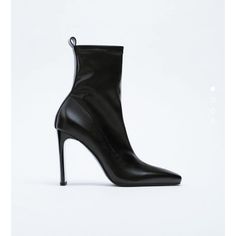 Women Zara Ankle Boot With High Heel. Stretch Shaft. Squared Toe. Back Pull Tab. Inner Side Zipper Closure. Heel Height: 3.8 Inches (9.7 Cm) Black Size 10 Women Sleek Boots For Spring Party, Sleek Party Boots For Spring, Sleek Spring Party Boots, Elegant Heeled Ankle Boots For Spring, Elegant Spring Ankle Heeled Boots, Elegant High Ankle Heeled Boots, Chic Heeled Boots With Ankle Strap And Reinforced Heel, Chic Ankle Boot For Evening, Chic Ankle Boots For Evening