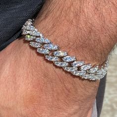 Men's Miami Cuban link chain bracelet. Measures 8" inch long x 12MM wide. 925 Sterling silver - stamped "925". Real solid 925 sterling silver jewelry. Fully iced with dazzling round cz stones. Very nice heavy weight to it at 73 grams. Stylish & secure double clasp box lock. Won't fade or ever turn your skin green. Stunning iced bracelet is very well made. FREE SHIPPING in USA. Order now! Chain Bracelets For Men, Cuban Chains For Men, Iced Out Bracelet, Cuban Link Bracelet, Cuban Bracelet, Iced Out Bracelet Men, Cuban Link Bracelet Men Silver, Diamond Bracelets For Men, Iced Bracelet Men