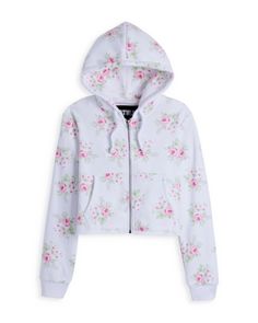 KatieJnyc Girls' Floral Crop Zip Hoodie - Big Kid Spring White Fitted Sweatshirt, White Fitted Sweatshirt For Spring, Fitted White Sweatshirt For Spring, Cute Fleece Hoodie For Spring, Spring Fleece Stretch Hoodie, White Fleece Sweatshirt For Spring, White Stretch Hoodie For Spring, Cute Spring Loungewear Outerwear, Cute Spring Hoodie Outerwear