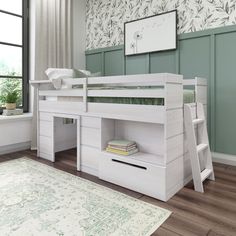 a white bunk bed sitting next to a window in a room with wooden flooring