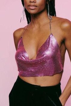 Style: Sequin Backless Cropped Top Tops Type: Tank top, crop top, cute party outfits for women, party outfit aesthetic, sequin top, party top Clothing Length: Super-short Elasticity: Slight Detail: Sequin Pattern Type: Solid Material: Polyester Short Bust 29.13-42.52in/74-108cm, Length 6.69in/17cm, width 15.75in/40cm Fitted Halter Top For Club Party, Fitted Halter Top For Club And Party Season, Pink Sequin Party Top, Pink Sequined Party Top, Backless Evening Crop Top For Summer, Summer Evening Backless Crop Top, Sequin Halter Top For Summer Party, Sequin Halter Top For Night Out In Spring, Backless Halter Top For Club And Party Season