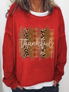 Fashion Strip Leopard Print Long Sleeve Sweatshirt Fall Loungewear T-shirt, Casual Sweater With Graphic Print For Fall, Red Graphic Print Top For Fall, Fall Graphic Print Long Sleeve Sweatshirt, Red Letter Print Sweater For Fall, Casual Red T-shirt For Fall, Fall Graphic Print Crew Neck Tops, Fall Sweater With Letter Print And Long Sleeves, Oversized Long Sleeve T-shirt For Fall