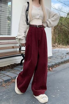 High Waist Wide Leg Vintage Corduroy Pants – Nada Outfit Land Winter High-waisted Cotton Pants, Winter Corduroy Full Length Bottoms, Winter Full-length Corduroy Bottoms, High Waist Red Corduroy Pants, Red Cotton Pants For Winter, Red Corduroy Pants For Winter, Casual Red Corduroy Pants, Red Corduroy Casual Pants, Vintage Corduroy Pants