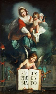 the painting shows an angel with two children on his back and another child holding a sign that says, sv flex pres mai to