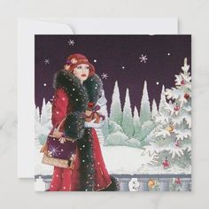 a painting of a woman standing in front of a christmas tree with snow on it