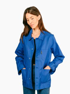 The Le Laboureur French Chore Coat is an iconic workwear garment, and has been in regular rotation in our closets for years. Intended for everyone, these can be styled over-sized to fit over a chunky sweater or more fitted to fit over a light t shirt or under a heavier coat. The options are endless and with three external pockets and one internal breast pocket, you are sure to start living in yours as we live in ours. To care for your jacket spot cleaning is advised. However, washing it on a col Classic Blue Outerwear For Everyday, Solid Color Relaxed Fit Utility Jacket For Work, Classic Blue Everyday Outerwear, Relaxed Fit Outerwear With Snap Buttons For Work, Utility Outerwear With Relaxed Fit For Workwear, Classic Relaxed Fit Outerwear, Classic Relaxed Fit Outerwear For Work, Blue Outerwear With Side Pockets, Classic Utility Jacket With Relaxed Fit For Workwear