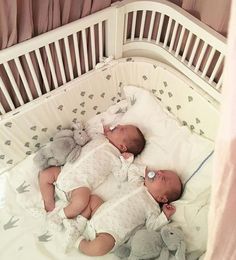 two baby babies laying next to each other in a crib with stuffed animals on it