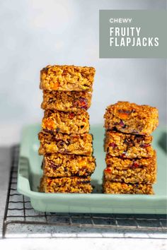 Two stacks of fruity flapjacks on a green baking tray. Fruity Flapjacks, Flapjacks Recipe, Flapjack Recipe, Ginger Cake, Oat Bars, Golden Syrup, British Food, European Food, Baking Tins