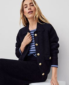 Discover Ann Taylor Weekend. Effortlessly polished pieces for wherever your plans take you. Point collar. Long sleeves. Button front. Drop shoulders. Front yoke. Flap button pockets. Ribbed collar, cuffs and hem.,Hit:21" long,Imported:Imported,Fit:Softly fitted,Fabrication:76% Viscose, 24% Nylon,Garment Care:Machine Washable Mixed Stitch Bomber Jacket by Ann Taylor Size regular - Small Dark Indigo Women's Other, Long, Sleeve, Jacket, Sweaters, 76%, Viscose, 24%, Nylon, Machine, Washable Workwear Single-breasted Button-up Cardigan, Single Breasted Button-up Cardigan For Work, Button-up Outerwear For Work, Snap Button Button-up Cardigan For Work, Long Sleeve Jacket, Dark Indigo, Sleeve Jacket, Drop Shoulder, Ann Taylor