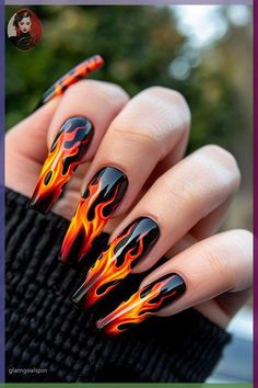 Before you think that easy nail designs are doomed to look cheap, let us show you some magnificent ideas you can do in just three steps. No one will guess it’s DIY! Orange Flames Nails, Red And Orange Flame Nails, Acrylic Nails Fire Design, Fire Flame Nail Design, Nail Designs With Flames, Flame Art Nails, Fire Inspired Nails, Red Fire Nails Designs, Black Fire Nails Designs