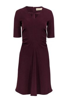 Current Boutique-M.M.LaFleur - Maroon Short Sleeve V-Neck A-Line Dress Sz 2 V-neck Fit And Flare Dress With Pleated Waist, Fit And Flare V-neck Dress With Pleated Waist, Pleated V-neck Dress With Fitted Bodice, Fitted Viscose A-line Midi Dress, Classic V-neck Dress With Fitted Waist, Flattering Fitted V-neck Spring Dress, Fitted Flattering V-neck Spring Dress, V-neck Elastane Dress With Flattering Silhouette, Elegant Fitted V-neck Semi-formal Dress