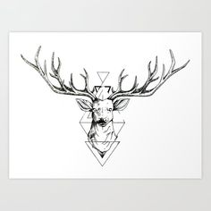 a black and white drawing of a deer's head with geometric shapes on it