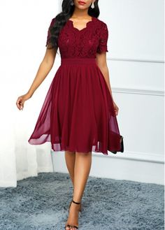 Color:Wine Red;Size:M;Color Scheme:Red;Composition:95% Polyester, 5% Spandex;Washing Instructions:Hand Wash;Package Contents:1 x Dress;Neckline:V Neck;Pattern Type:Solid;Dress Length:Knee Length;Sleeve&apos;s Length:Short Sleeve;Silhouette:High waist;Style:Elegant;Occasion:Party;Clothing Length:105.00;Decoration:Lace Patchwork;Season:Summer; Red Dress Sleeves, Lace Panel Dress, The Cardigans, 파티 드레스, Fashion Dresses Online, High Waist Dress, Panel Dress, Lace Panelled, Waist Dress