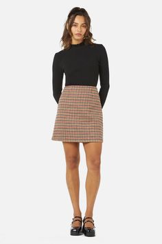 tan-check Brown Pencil Skirt Outfit, Pattern Skirt Outfit, Mini Pencil Skirt Outfits, Pencil Skirt Outfits Casual, Skirt Waistband, Brown Pencil Skirt, Check Mini Skirt, Pencil Skirt Outfits, Princess Highway