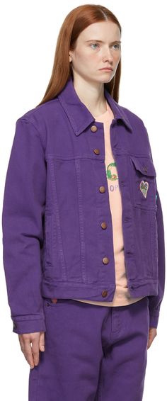 Long sleeve denim jacket in purple. Graphic embroidered in multicolor at front and back. Supplier color: Purple Purple Graphic, Long Sleeve Denim Jacket, Embroidered Denim Jacket, Embroidered Denim, Color Purple, Denim Jacket, Women Wear, Purple, Long Sleeve