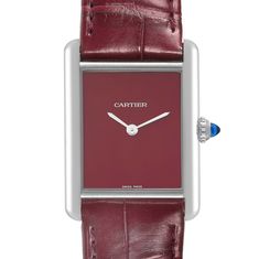 Cartier Tank Must Large Claret Red Dial Steel Ladies Watch WSTA0054. Quartz movement. Stainless steel case 33.7 x 25.5 mm. Case thickness: 6.6mm. Circular grained crown set with blue spinel cabochon. . Scratch resistant sapphire crystal. Red dial with sword shaped steel hands. Red alligator leather strap with stainless steel tang buckle. Cartier Tank Must, Blue Spinel, Claret Red, Cartier Ballon Bleu, Patek Philippe Aquanaut, Amazing Watches, Used Watches, Rolex Air King, Cartier Tank