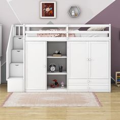 a white bunk bed sitting next to a dresser and stairs in a room with purple walls