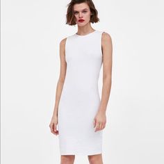 Cute Body Con Dress White Stretch Sheath Dress, Knee-length Bodycon Dress For Day Out, Spring Bodycon Sheath Midi Dress, Summer Bodycon Sheath Midi Dress, Bodycon Sheath Midi Dress For Summer, Spring Sheath Bodycon Midi Dress, Spring Bodycon Sleeveless Dress, Summer Midi Length Bodycon Dress For Workwear, Elegant Stretch Sleeveless Dress By Zara