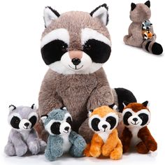 a stuffed raccoon is surrounded by other stuffed animals, including one small raccoon