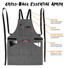 an apron with pockets and straps labeled in the words cross - back essential aprons