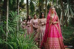 15 Colour Coordinated Bridesmaid's Outfits for 2022 Weddings Hot Pink Lehenga, Bride And Bridesmaid Pictures, Pink Bridal Lehenga, Bridesmaid Pictures, Sabyasachi Sarees, Delhi Wedding, Sabyasachi Lehenga