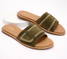 Let's discuss these sleek leather slides, shall we? The slip-on profile provides easy on/off wear. And a contour cushioned footbed delivers lasting comfort throughout the day. Pair them with a flowy maxi dress and fedora for an on-trend Boho look. From Clarks Footwear. Summer Leather Footbed Slip-on Slides, Summer Open Toe Slides With Stitched Sole, Summer Slides With Stitched Sole And Open Toe, Slip-on Slides With Leather Footbed For Vacation, Leather Footbed Slip-on Slides For Vacation, Spring Arch Support Slides, Leather Footbed Slides For Vacation, Summer Beach Slides With Stitched Sole, Summer Suede Slides With Leather Footbed