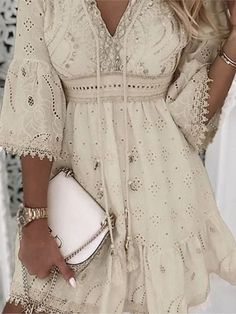 Women Elegant White Hollow Lace Mini Dress Summer V-neck Patchwork Lace Up Three Quarter Sleeve Vestidos Beige, Boho Mode, White Lace Mini Dress, Flare Sleeve Dress, Lace Splicing, Spring Summer Dress, Lace Fashion, Mini Dresses Summer, Style Boho