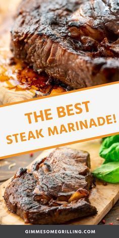 steak marinade on a cutting board with the title overlay reads, the best steak marinade