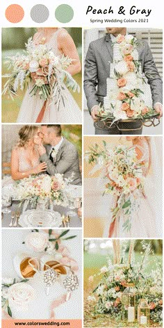 the wedding color scheme is peach and gray