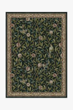 an intricately designed rug with birds and flowers on it's border, in dark green