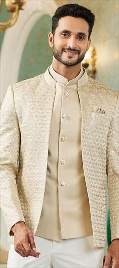 Beige and Brown color Nehru Jacket in Art Silk fabric with Embroidered, Resham, Sequence, Thread work Luxury Cream Nehru Jacket For Ceremonial Occasions, Luxury Beige Nehru Jacket For Semi-formal Occasions, Festive Long Sleeve Beige Nehru Jacket, Luxury Beige Nehru Jacket, Beige Long Sleeve Nehru Jacket With Dabka, Embroidered Beige Nehru Jacket, Traditional Beige Long-sleeve Nehru Jacket, Nehru Jacket, Nehru Jackets