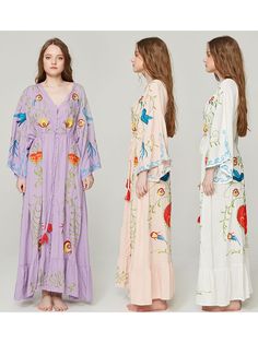 Spring Autumn Women Loose Casual Kimono Floral embroidered Maxi Dress Boho Ruffle Hem Beach Dresses - Purple,L Folklore Embroidery, Maxi Dress Boho, Kimono Maxi Dress, Kimono Floral, Embroidered Kimono, Casual Kimono, Floral Dresses Long, Embroidered Maxi Dress, Popular Outfits