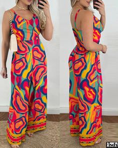 Fisdy - Abstract Print Wide Leg Jumpsuit with Multi-Color Design Abstract Decoration, Jumpsuit Chic, Color Abstract, Chic Type, Style Chic, Wide Leg Jumpsuit, Sheer Lace, Olivia Mark, Abstract Print