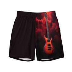 Dive into style with FireStorm Blaze Men's Swim Trunks featuring a cool guitar design! 🎸 Perfect for pool vibes. Explore more unique designs at B.W. Designs Merch on Etsy. #MensSwimwear #GuitarDesign #BeachFashion #BWMerchDesigns #tryonhaul #OOTD Red Surfing Beachwear Bottoms, Red Swimwear For Surfing In Summer, Casual Red Swimwear For Surfing, Red Beachwear Bottoms For Surfing, Red Surfing Shorts, Red Short Bottoms For Surfing, Black Shorts For Summer Concerts, Black Casual Bottoms For Music Festival, Black Swimwear For Music Festivals In Summer