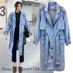 Korean Womens Loose Belt Jean Jackets Long Sleeve Denim Long Coat Trench Coat   Description: Color: Blue Size:S-XL Materials : Denim      We are very honest seller from China,All the items are in stock and ship from China.we check each item carefully befor package it,we assure every buyer will be 100% happy with us,please enjoy your time for shopping from us! Shipping We ship items by China post registered airmail,the handing time is 1-2 working days.all the packages have a tracking number. Plea Trench Denim Jacket Outfit, Long Jean Coat Outfit, Long Jeans Jacket Outfit, Long Denim Jacket Outfit Winter, Long Denim Jacket Outfit, Spring Denim Jacket, Long Denim Coat, Denim Jacket And Jeans, Long Denim Jacket