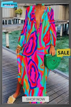 Printed Pullover Long Sleeve V-neck Swing Loose Long Dress Long Sleeve V-neck Dress For Summer Vacation, Chic Multicolor V-neck Dress For Vacation, Casual Printed V-neck Maxi Dress, Casual Multicolor V-neck Dress For Vacation, Casual Multicolor V-neck Long Sleeve Dress, Casual Multicolor V-neck Dress For Beach, Casual Green V-neck Dress For Fall, Casual V-neck Dress For Beach Season, Multicolor V-neck Maxi Dress For Summer