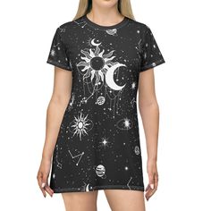 Moon and sun dress/ Casual dress/ Sun dress/moon dress This All-Over-Print T-Shirt Dress is tagless, custom cut and sewn to match every style. The fun prints will make this t-shirt dress a great piece to sell online. .: 100% Polyester .: White thread color .: Light fabric (6.0 oz/yd² (170 g/m .: Tagless .: Runs true to size .: Assembled in the USA from globally sourced parts Moon Dress Aesthetic, Sun And Moon Dress, Celestial Sun And Moon, Magical Moon, Sun Dress Casual, Moon Dress, Celestial Sun, Dress T Shirt, Aesthetic Dress