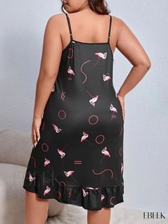 Ebeek - Womens Plus Size Loungewear Dress: Casual and Comfy, Flamingo Print Round Neck with Ruffle Trim, Perfect for Sleep and Leisure Black Sleepwear For Spring Vacation, Black Sleepwear For Vacation In Spring, Black Summer Sleep Dress, Black Summer Sleepwear, Sleeveless Black Sleepwear For Summer, Loungewear Dress, Night Dresses, Flamingo Print, Dress Pattern