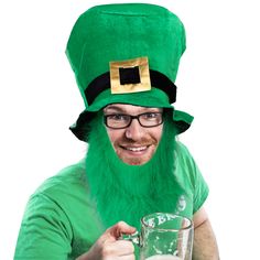 Top off your St. Patrick's Day ensemble with our Irish green polyester top hat that measures 9" tall and comes with an attached green beard! Our adult size hat is perfect to wear to your St. Patrick's Day parties and parades and to celebrate the Irish. Each St. Pat's Top Hat features a black band a gold buckle and an attached green beard! One size fits most adults. Irish Celebration, Green Accessories, Windy City, March 17, Polyester Top, Top Hat, St Patrick, Celebrities, Hats