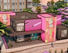 Sims 4 Modern Community Lots, Sims Club Ideas, The Sims 4 Community Lot Ideas, Sims 2 Community Lot Ideas, Nightclub Exterior Design, Sims 4 Modern Build, Sims 4 Build Ideas Community, Sims Community Lots, Community Lots Sims 4