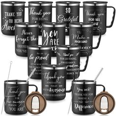 12 personalized coffee mugs with matching lids and spoons are shown in black