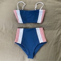 Nwot Matching Bikini Set From L*Space Size Xs / S Color: Blue, Pink, White Sporty Blue Swimwear For Beach Season, Blue Sporty Tankini For Beach Season, Sporty Blue Tankini For Beach Season, Sporty Blue Tankini For Vacation, Blue Color Block Tankini For Poolside, Blue Sporty Tankini For Summer, Blue High Waist Sporty Swimwear, Sporty Blue High Waist Swimwear, Sporty Blue High-waist Swimwear