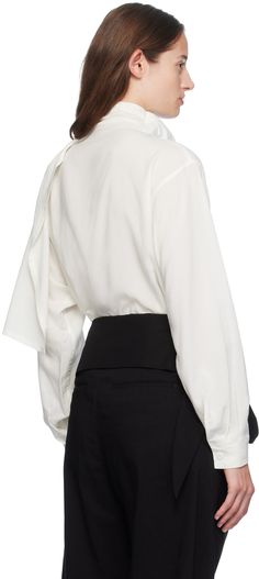 Plain-woven cupro- and paper-blend blouse. · Scarf-style trim at draped cowl neck · Vented side seams · Adjustable single-button barrel cuffs Supplier color: Frost white Blouse Scarf, Scarf Style, Issey Miyake, Scarf Styles, Cowl Neck, Barrel, Top Brands, Trim, Luxury Fashion