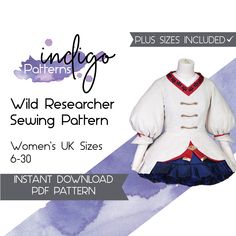 Wild Researcher - Digital Download PDF Sewing Pattern ✧Please read the full description and see the FAQ at the bottom for how to download your purchase and other important information✧ ✧ Sew your own costume with this print-at-home sewing pattern with English Instructions! This comprehensive pattern includes the following files in sizes UK women's 6-30: - Sewing pattern pdfs for the under dress and overdress  that can be printed on A4 or Letter paper - Petticoat instructions (no pdf patterns for Cosplay Sewing Tips, Free Sewing Patterns For Cosplay, Zelda Sewing Pattern, Cosplay Sewing Patterns, Design Software Free, Cosplay Sewing Patterns Cut/sew, Cosplay Sewing, Indigo Pattern, Sewing Terms