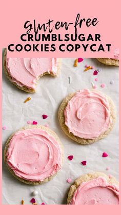 cookies with pink frosting and sprinkles are on a sheet of paper