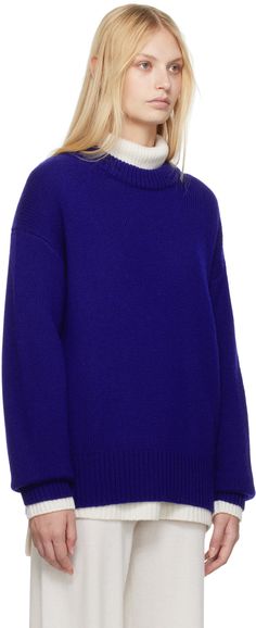 5-gauge and 535 g knit GOTS-certified organic cashmere sweater. · Rib knit crewneck, hem, and cuffs · Dropped shoulders · Extended sleeves Supplier color: Bright indigo Blue Cashmere Sweater With Ribbed Collar, Blue Cashmere Sweater With Ribbed Cuffs, Blue Workwear Sweater, Blue Cashmere Sweater For Fall, Blue Sweater With Ribbed Collar For Work, Blue Crew Neck Cashmere Sweater, Crew Neck Blue Cashmere Sweater, Blue Fine Knit Merino Wool Sweater, Blue Merino Wool Fine Knit Sweater