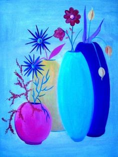 a painting of two vases with flowers in them on a blue background by itself